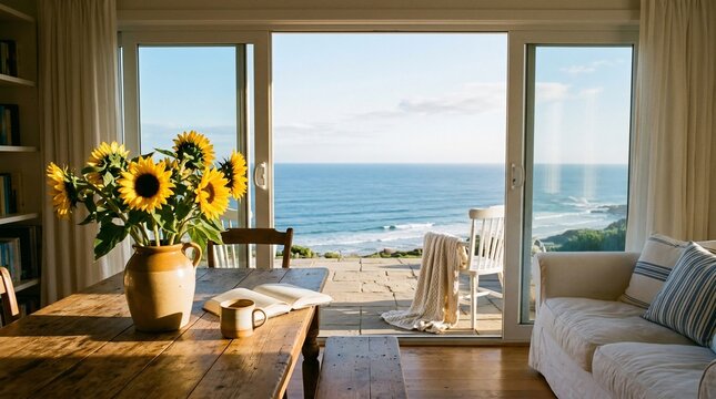 Sunflowers on wooden table with ocean view from living room