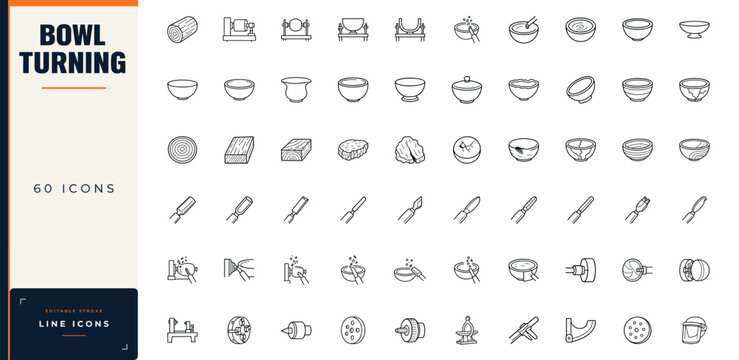 Bowl turning line icon set featuring wood lathe machinery, carving chisels, timber logs, sanding tools, and various wooden bowl shapes