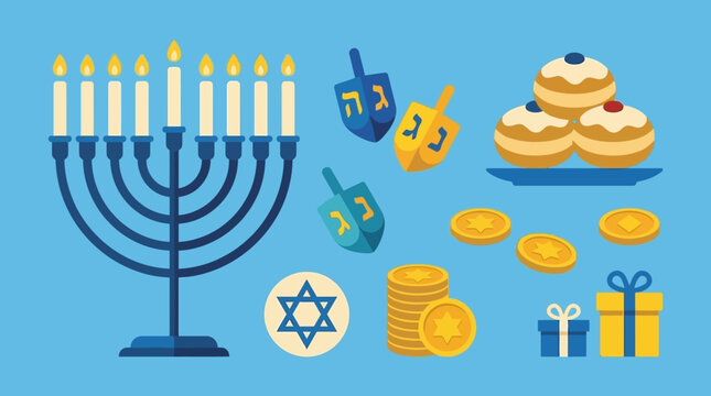 Flat vector illustration of Hanukkah menorah with dreidels and gifts