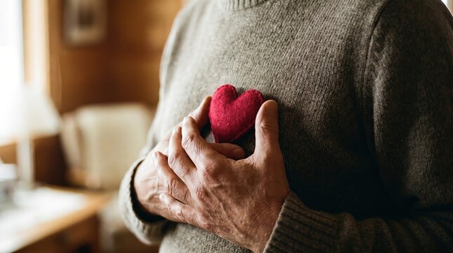 Close Up Bare Hands Gently Holding Small Red Heart to Chest Representing Self Care, Emotional Health, and Pure Love Concepts