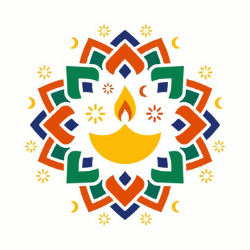 Colorful rangoli design with a burning diya lamp for Diwali celebration