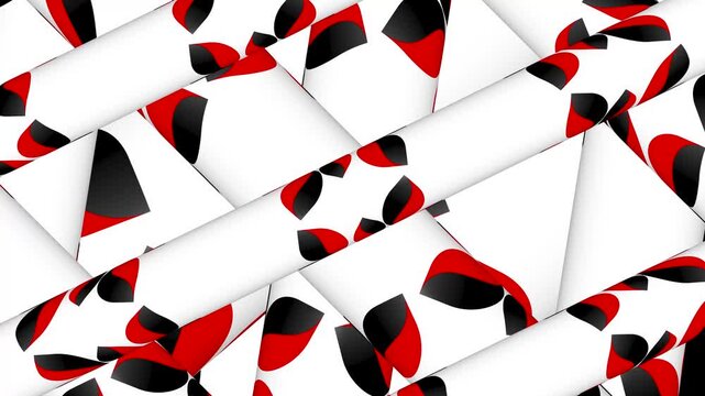 Seamless loopable 3D animation of moving geometric cylinders covered with red, black and white abstract graphic patterns and rotating floral motifs.