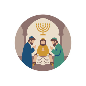 Three Jewish men praying in front of a Torah scroll and menorah