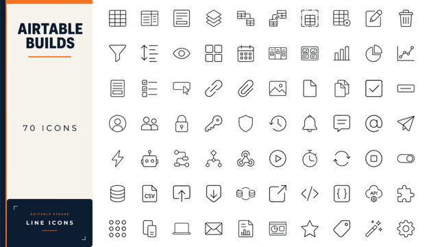 database and spreadsheet management line icon set featuring data tables, workflow automation, user profiles, and file sharing symbols