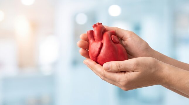 Bare Hands Carefully Cradling Vibrant Red Heart Symbolizing Healthcare Support, Medical Charity Donation, and Cardiology Wellness Concepts