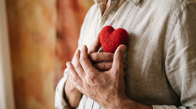 Close Up Bare Hands Gently Holding Small Red Heart to Chest Representing Self Care, Emotional Health, and Pure Love Concepts