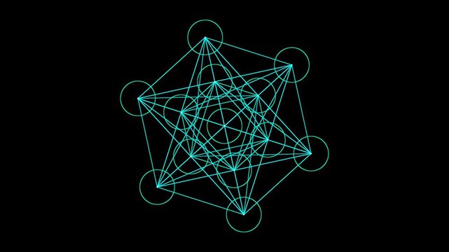 Rotating Metatron's Cube Sacred Geometry With Glowing Cyan Lines on Black Background