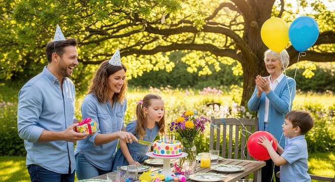 Happy family celebrating outdoor birthday party with cake and balloons. Multi-generational group enjoying festive garden gathering in warm sunlight.