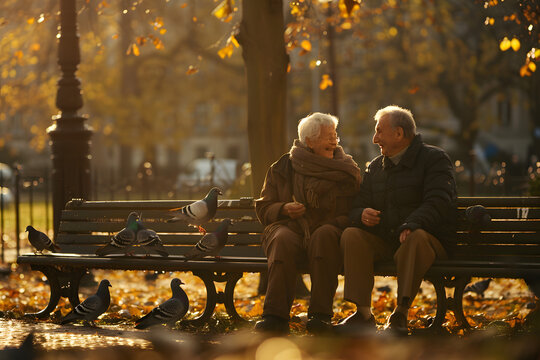 Elderly couple feeding pigeons on a park bench in warm afternoon light
