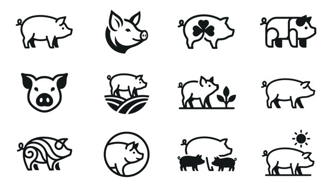 Modern pig and farm animal line art icons.