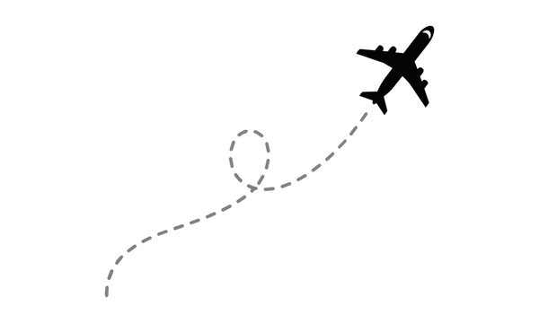 Minimalist black silhouette of a commercial airplane with a spiraling dashed flight path on a white background, travel and aviation concept