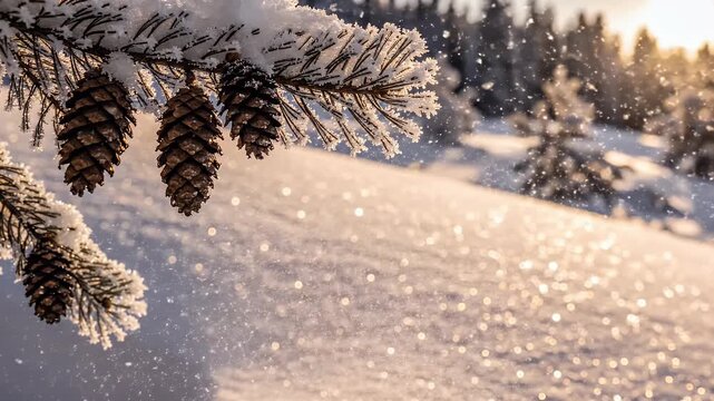 Frosted pine cones on snow-covered branches with sunlit snowfall