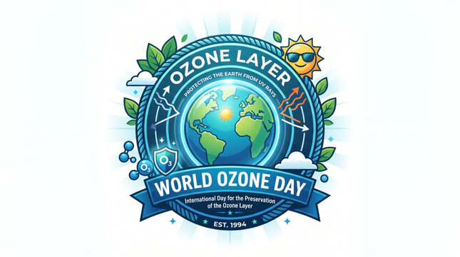 World Ozone Day Badge Design with Earth Ozone Layer Shield Environmental Protection Awareness Emblem