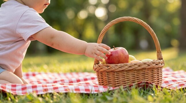 Child sits on blanket and reaches for apple in basket while enjoying a picnic outside in park on warm day