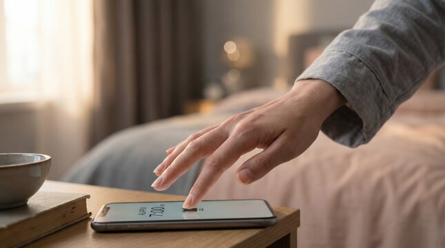 A person reaches out to touch the screen of a smartphone placed on a wooden table in a bedroom with morning light shining in