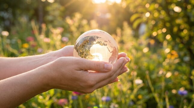Close-Up of Woman Hands Holding Glowing Glass Earth Globe in Sunny Garden, Conceptualizing Environmental Protection, Global Sustainability, and Hopeful Future for Our Planet