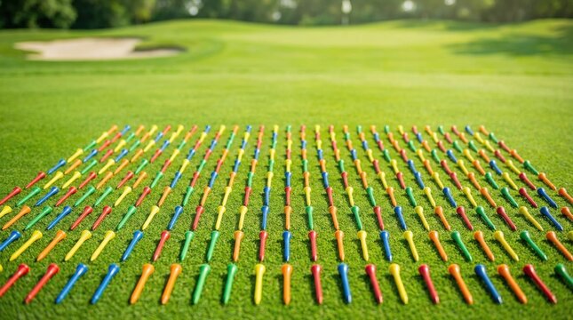 Many colorful golf tees are placed in neat rows on green grass at a golf course. This scene shows a preparation for play