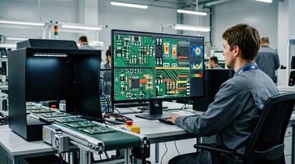 Fototapeta premium Medium shot focusing on machine learning models sorting automated optical inspection data identifying intricate defect patterns on circuit boards.