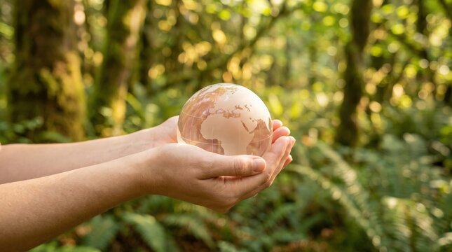 Eco Friendly Concept of Young Woman Hands Cradling Crystal Clear Earth Glass Sphere with Frosted Continents in Sun Drenched Lush Green Forest for Environmental Awareness and Planet Protection