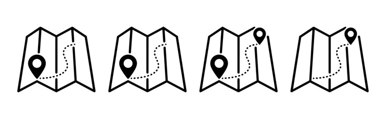 Four black and white illustrations of folded maps with location pins and dotted lines on a clean white background for navigation and travel themes © Bokul