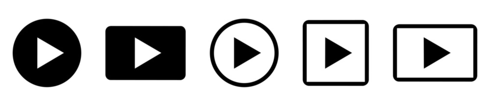 Play button icons in various shapes and styles for video players and media controls in black and white