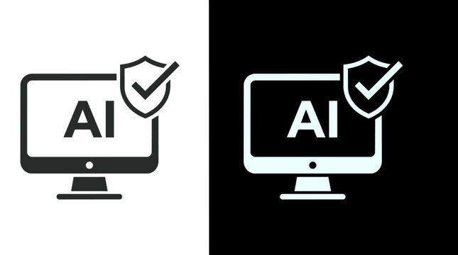AI security concept with shield and checkmark on computer monitors in black and white with a modern design