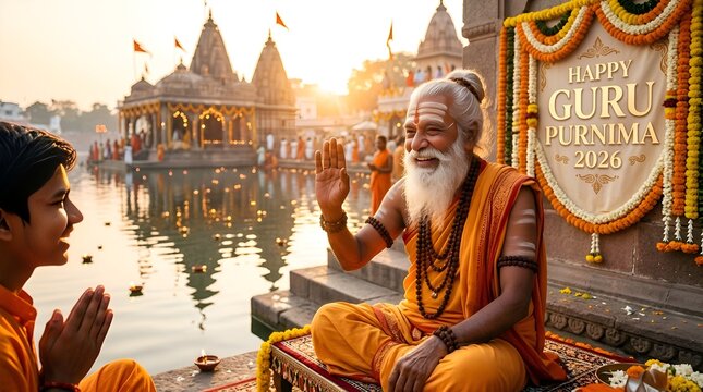 Guru Purnima celebration: Wise guru blessing young student by river with temple background