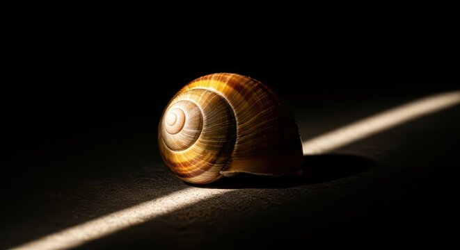 A single empty snail shell resting on a dark, textured surface, illuminated by a faint sliver of light against a deep black background, silent, contrast, monochromatic