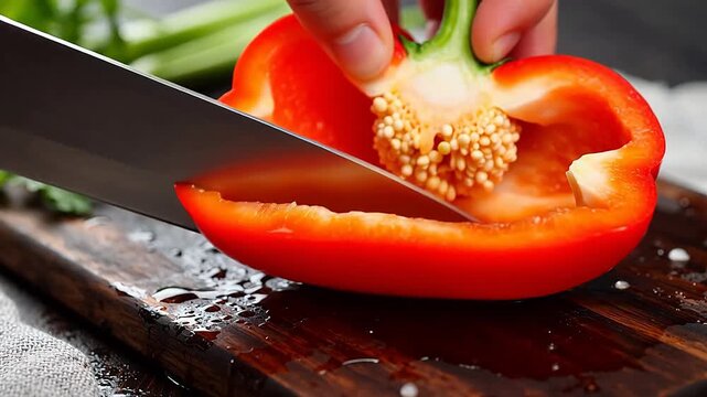 Red bell pepper being sliced on wooden board