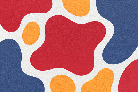 Abstract red, blue, orange paper texture background with amorphous fluid blob shapes and spots in flat organic design