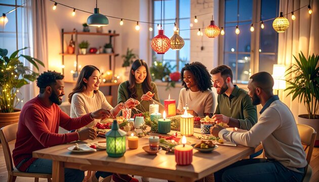 Family gathered around festive holiday dinner table.