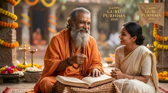 Guru Purnima: Wise Guru Mentors Eager Student with Ancient Book, Festive Indian Ceremony