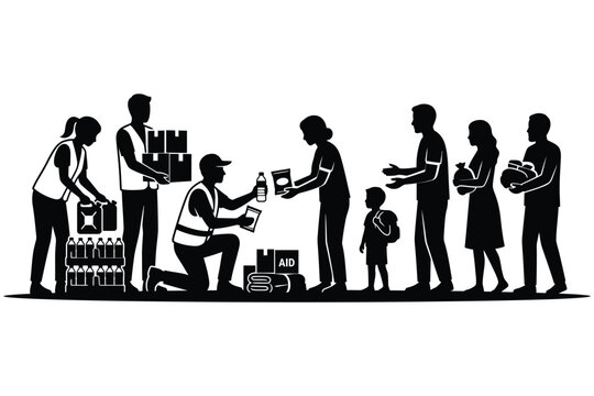 Black silhouette of volunteers distributing food and water donations to poor people vector flat illustration
