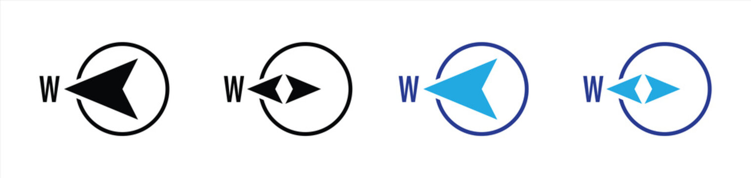 Compass West Direction Arrow Icon Set with Circular Navigation Symbols, GPS Orientation, Cardinal Direction, Map Pointer, Location, Compass Needle, and Navigation Vector Collection