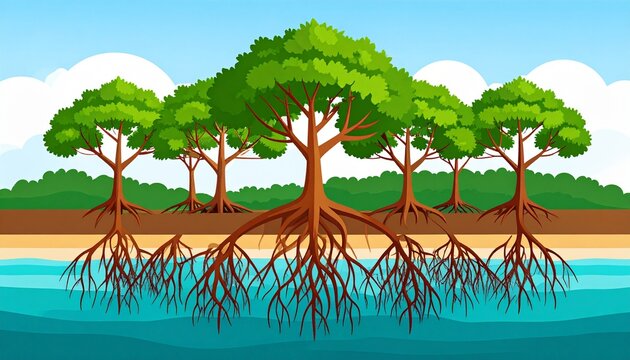 Tropical mangrove forest with aerial roots by the sea.