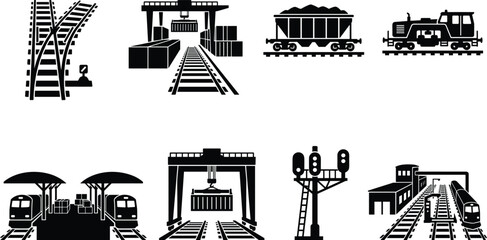 Railway Logistics and Freight Train Industry Icon Set with Cargo Terminal Gantry Cranes Tracks and Locomotive Silhouettes © SHEMA