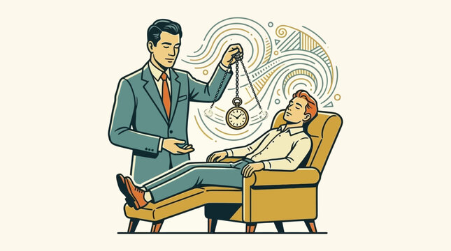 A man in a suit hypnotizes a relaxed patient with a swinging pocket watch