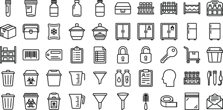 Warehouse logistics and laboratory storage supply icons with warehouse