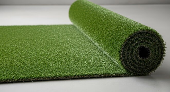 Vibrant green synthetic turf roll partially unfurled on a clean floor, showcasing realistic texture for temporary events and landscaping, ground, soft, plastic