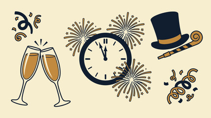Festive New Year Eve illustration featuring champagne glasses, a clock and fireworks © sani