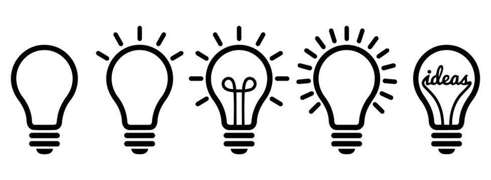 Black and white illustration of light bulbs with one having the word ideas written inside it and others showing different stages of illumination and thought process