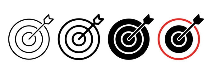 Four different target icons with arrows hitting the bullseye in various line styles and colors on a clean white background for design and business use © Bokul
