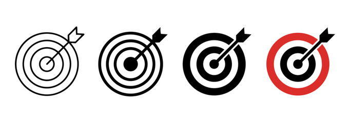 Four different target icons with arrows hitting the bullseye in various designs and colors including black and red on a white background for business and design use © Bokul