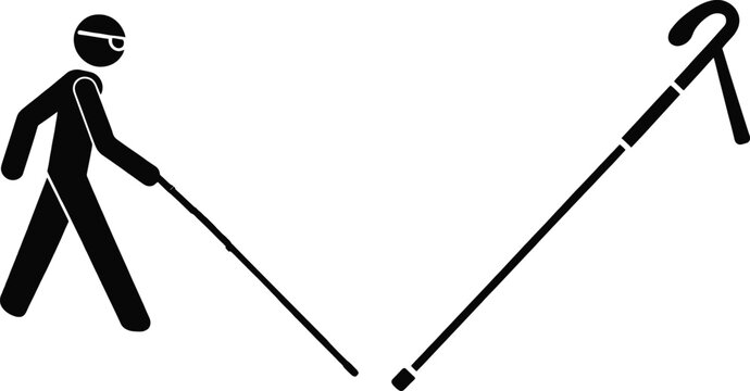 Black silhouette of a blind person walking with a white cane and a separate cane symbol on white background