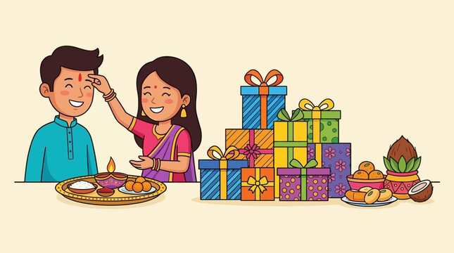 Sister applying tilak on her brother during Bhai Dooj festival celebration