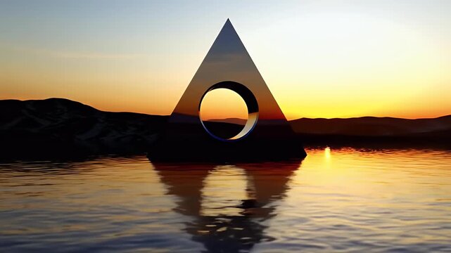 Geometric pyramid with hole reflecting in water at sunset