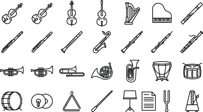 Set of musical instruments outline icons for orchestral symphony
