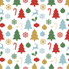 Festive Christmas seamless pattern with trees, snowflakes and reindeer © siti