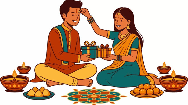 Sister applying tilak to her brother during a festive celebration