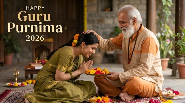 Happy Guru Purnima 2026: Student bows to mentor, receiving blessings and flowers.
